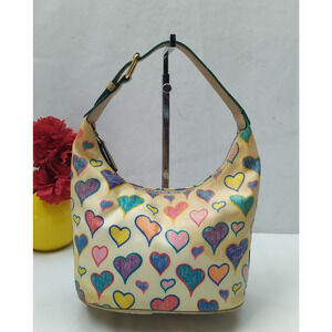 Dooney & Bourke Multicolor Coated Canvas Leather Hearts Small Hobo Shoulder Bag